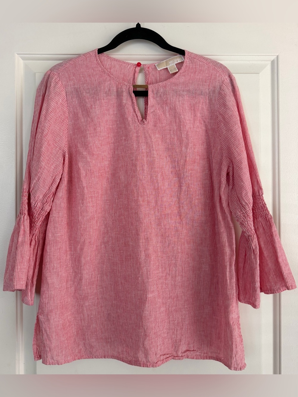 Michael Kors Light Red and White Striped Linen Blend Keyhole Top